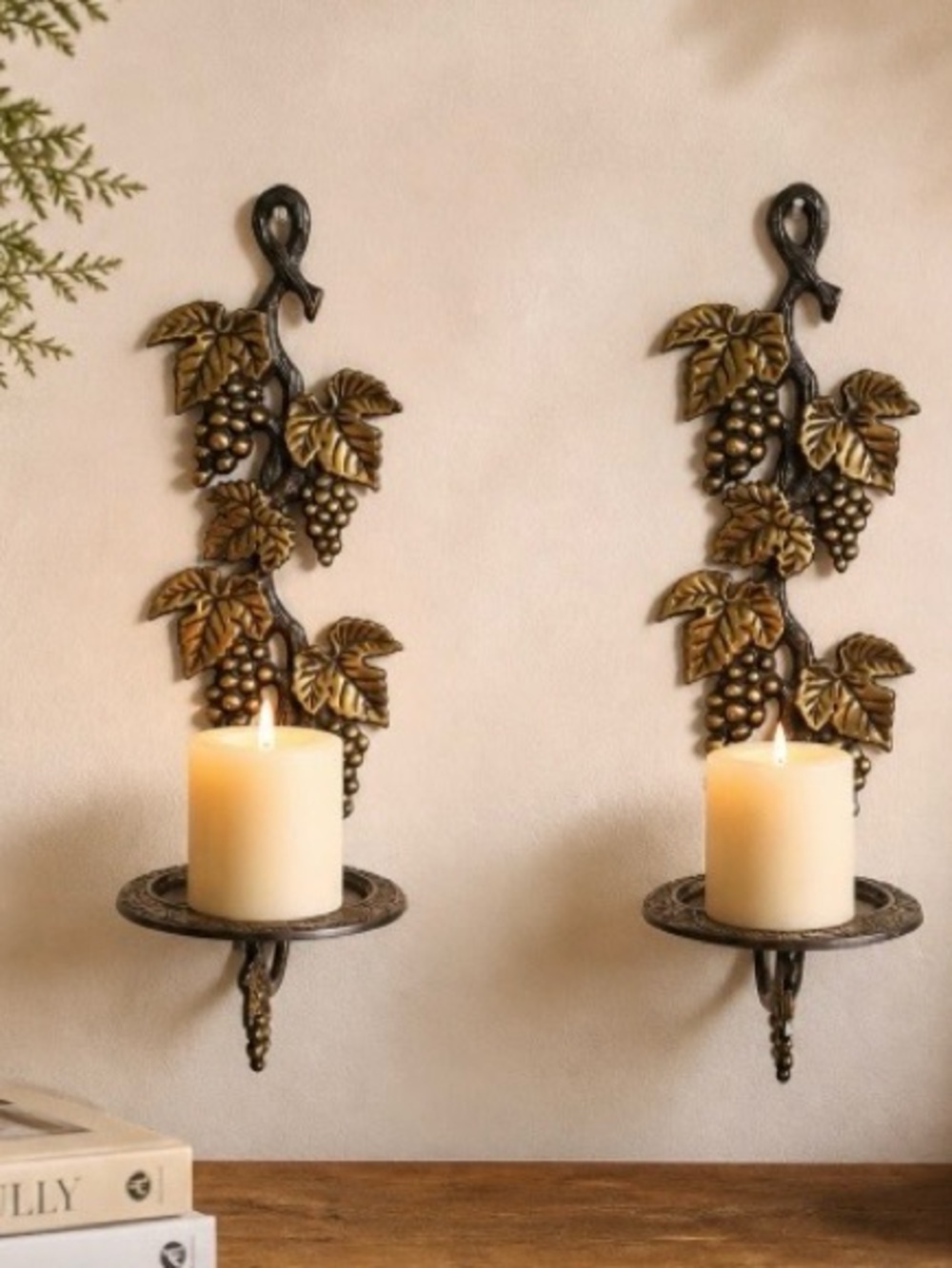 VTG Brass Wall Sconce Candle Holders 15" Set of 2 Grapes Vines Gold Black India
